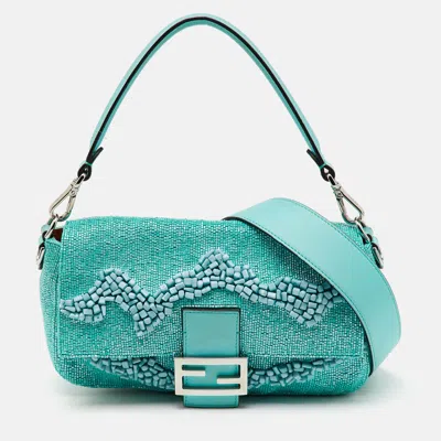 Pre-owned Fendi Turquoise Blue Stone Beads And Leather Re-edition Baguette Bag