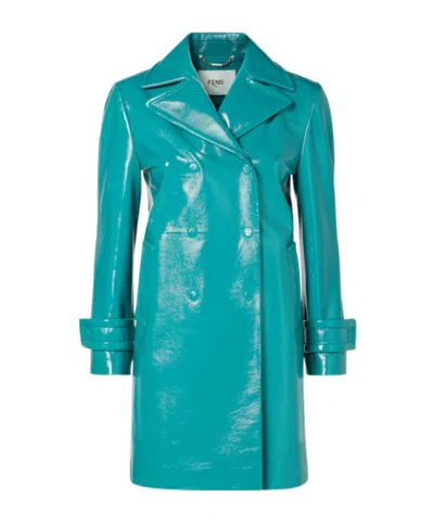 Fendi Turquoise Fur Trench Coat In Blue