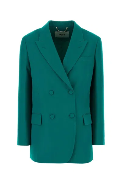Fendi Turquoise Grain Of Poudre Virgin Wool Blazer In Blue