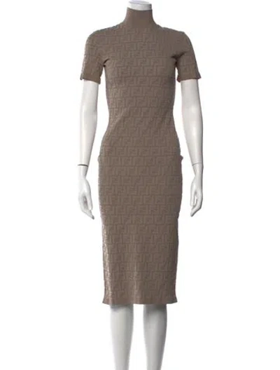 Pre-owned Fendi Turtleneck Midi Length Dress In Neutral