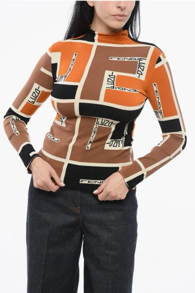 Fendi Turtleneck Stretch Fabric Top With Monogram Motif In Multicolor