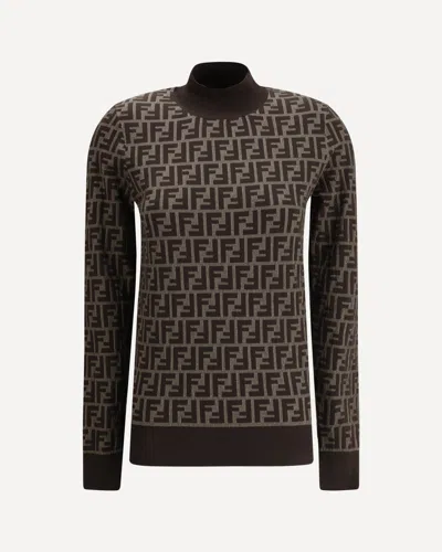 Fendi Ff Jacquard Turtleneck Sweater In Brown