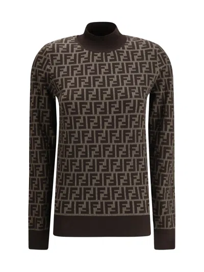 Fendi Ff Jacquard Turtleneck Sweater In Brown