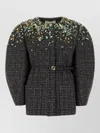 Fendi Tweed Blazer Belted Waist Puff Sleeves In Gray