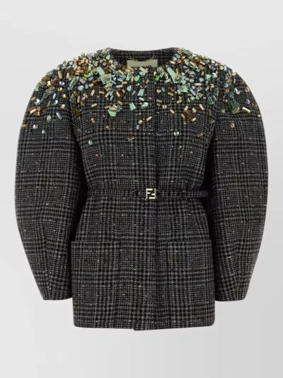 FENDI TWEED BLAZER BELTED WAIST PUFF SLEEVES