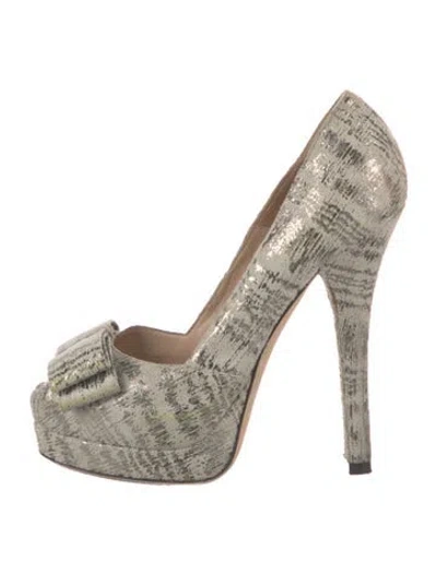 Pre-owned Fendi Tweed Pattern Bow Accents Pumps In Neutral