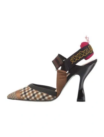 Pre-owned Fendi Tweed Plaid Print Pumps In Brown