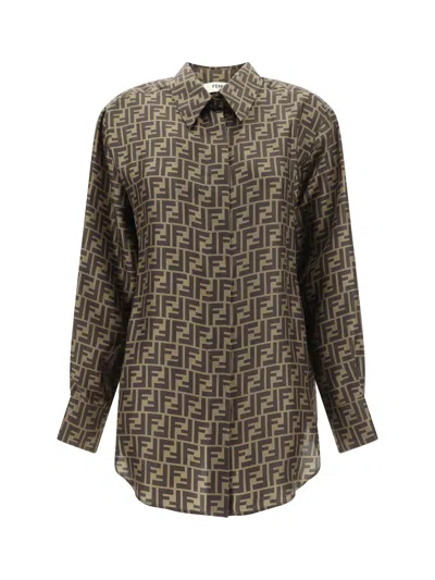 Fendi Silk Shirt With Curved Hem And Fabric-covered Buttons In Brown