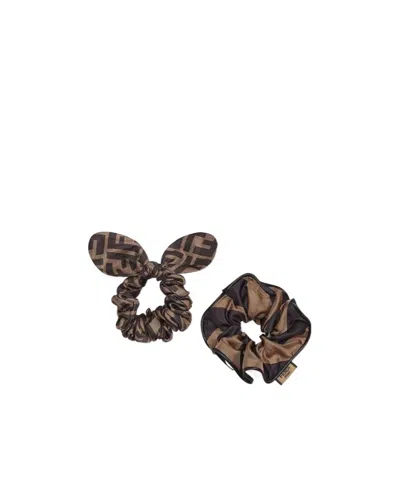 Fendi Two-pack Logo Scrunchies In Brown