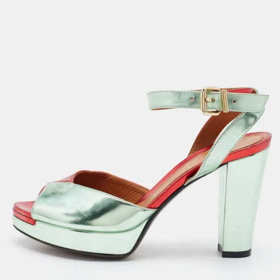 Pre-owned Fendi Two Tone Foil Leather Platform Ankle Strap Sandals Size 36.5 In Red