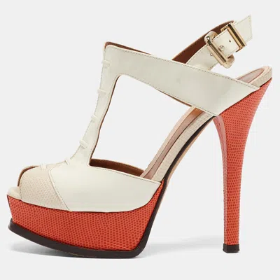 Pre-owned Fendi Two Tone Lizard Embossed Leather And Patent Ankle Strap Sandals Size 37 In Cream