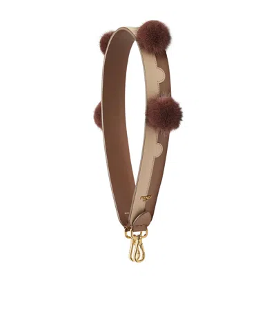 Fendi Two-tone Leather Shoulder Strap With Pompom In Brown