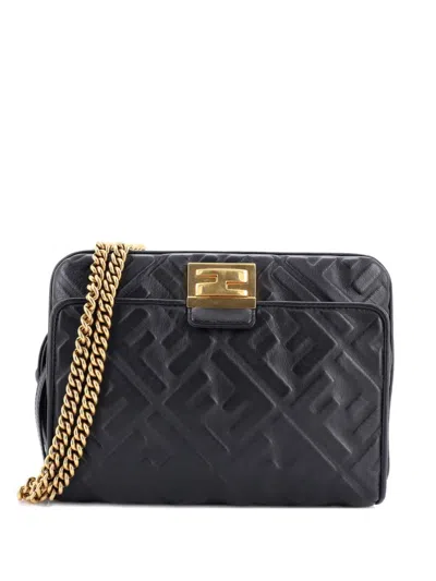 Pre-owned Fendi Upside Down Bag Zucca Embossed Leather Belt Bag In Black