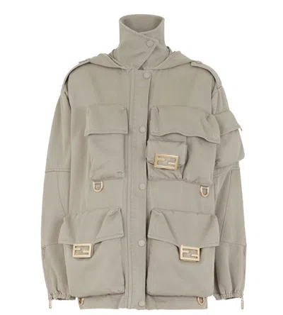 Fendi Utility-inspired Beige Jacket With High Collar In Gray