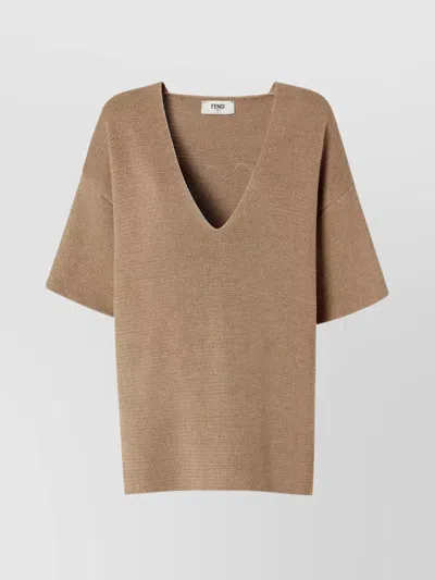 FENDI V NECK KNIT TOP WITH RIBBED TEXTURE