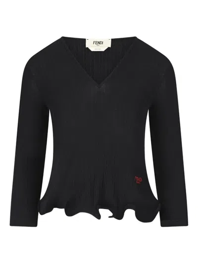 FENDI V-NECK RIBBED TOP WITH RUFFLES