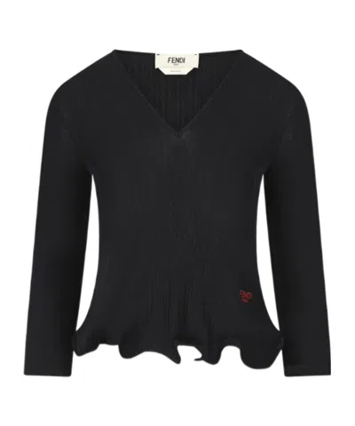 FENDI FENDI V-NECK RUFFLED-HEM RIBBED TOP