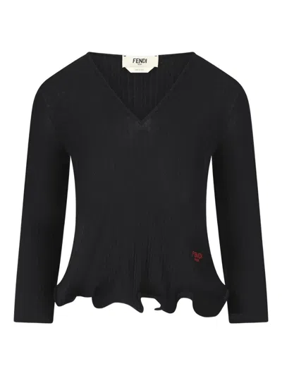 Fendi Long-sleeved V-neck Wool Top With Embroidered Logo In Black