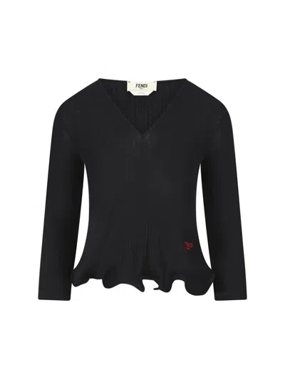 FENDI FENDI V-NECK T-SHIRT IN VIRGIN WOOL