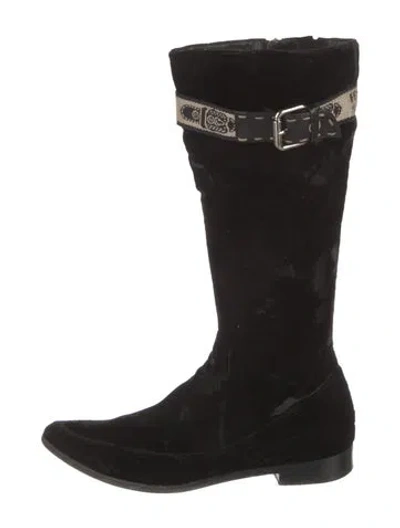 Pre-owned Fendi Velvet Embroidered Accent Riding Boots In Black