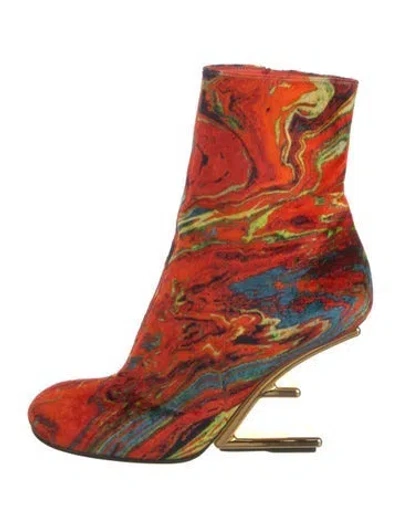 Pre-owned Fendi Velvet Printed Boots In Orange