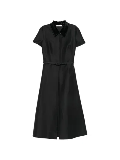 Fendi Belted Collared Dress Pleated Flared Skirt In Black