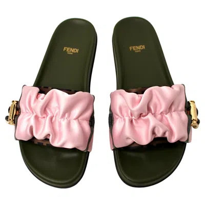 Pre-owned Fendi Veritgo Green & Pink Satin Slides
