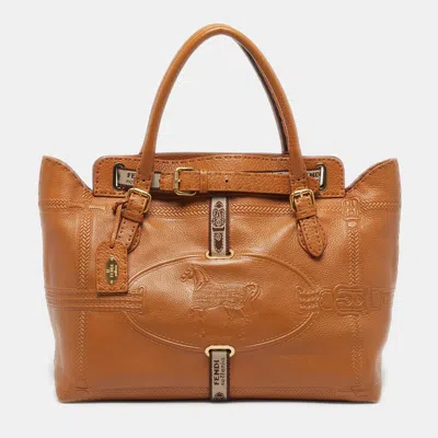 Pre-owned Fendi Villa Borghese Grand Tan Selleria Leather Tote In Brown