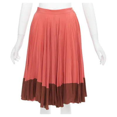 Pre-owned Fendi Vintage 100% Silk Pink Brown Colorblock Pleated Midi Skirt It36 Xxs