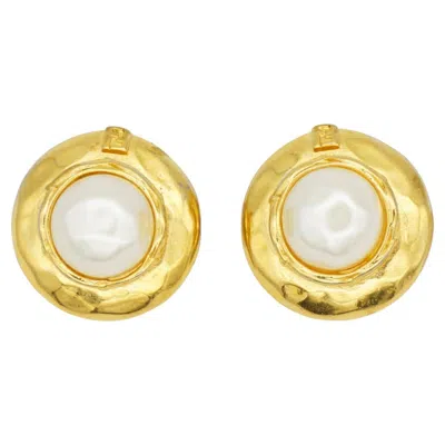 Pre-owned Fendi Vintage 1980s Gold Sta Logo White Circle Round Pearl Domed Earrings