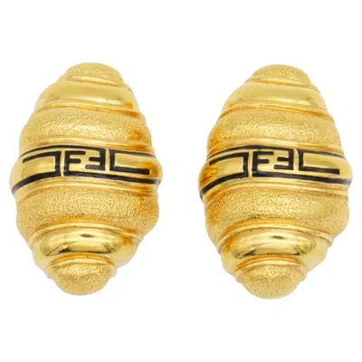 Pre-owned Fendi Vintage 1980s Large Sta Logo Black F Shell Dome Chunky Gold Earrings