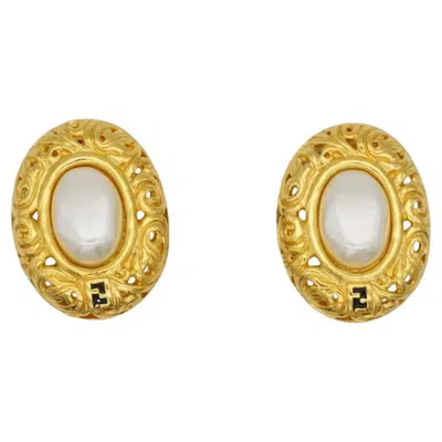 Pre-owned Fendi Vintage 1980s Oval Pearl Gold Sta Logo Black Leaf Relief Earrings