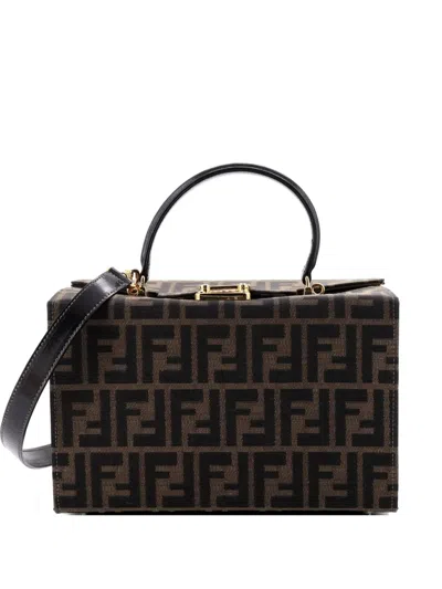 Pre-owned Fendi Vintage Convertible Lock Box Bag Zucca Canvas Medium Satchel In Brown