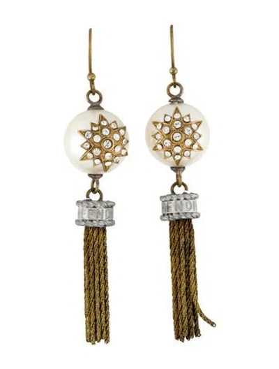 Pre-owned Fendi Vintage Crystal & Faux Pearl Tassel Drop Earrings In White