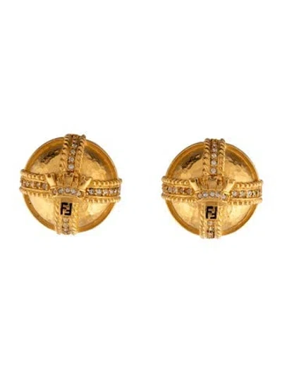 Pre-owned Fendi Vintage Crystal Enamel Crown Hammered Dome Logo Clip-on Earrings In Black