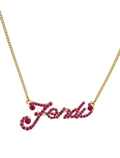 Pre-owned Fendi Vintage Crystal Logo Pendant Necklace, 17" In Pink