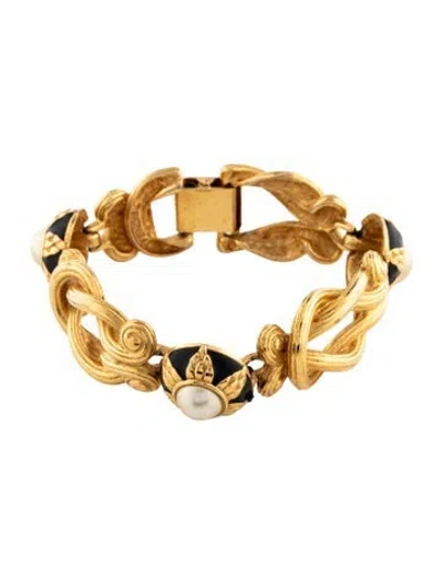Pre-owned Fendi Vintage Enamel & Faux Pearl Link Bracelet, 7" In Black/white