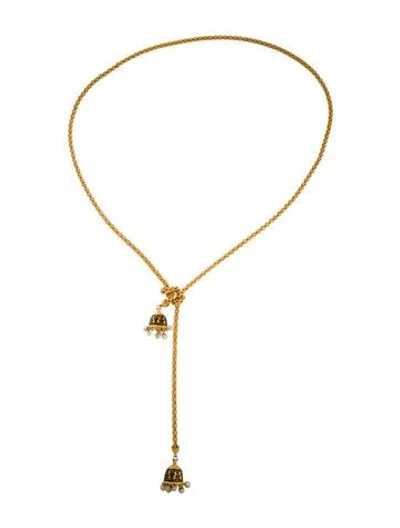 Pre-owned Fendi Vintage Faux Pearl & Enamel Lariat Necklace, 48" In Black/neutrals