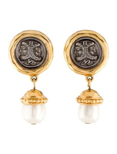 Pre-owned Fendi Vintage Faux Pearl Coin Drop Earrings In Multi