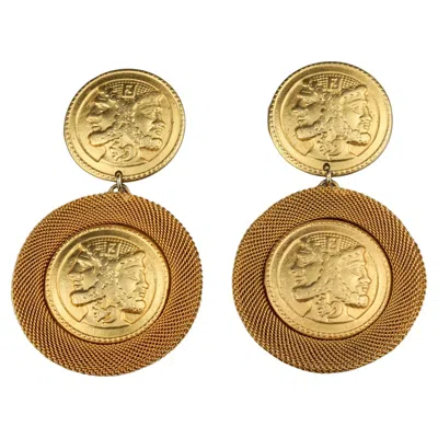 Pre-owned Fendi Vintage  Logo Roman Profile Medallion Dangling Earrings In Multi