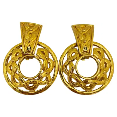 Pre-owned Fendi Vintage  Logo Signed Gold Designer Runway Door Knocker Earrings In Multi