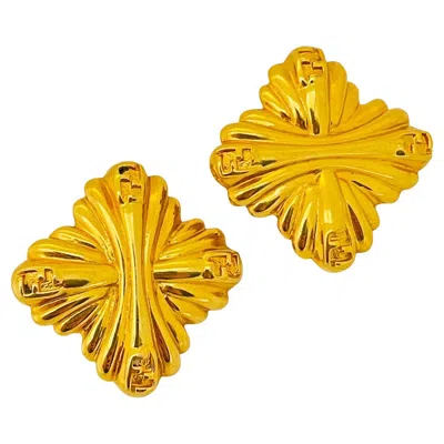 Pre-owned Fendi Vintage  Logo Signed Gold Designer Runway Pierced Earrings In Multi