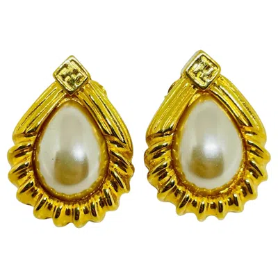 Pre-owned Fendi Vintage  Logo Signed Gold Plated Pearls Designer Pierced Earrings In Multi