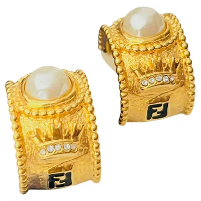 Pre-owned Fendi Vintage Gold Black Sta Ff Crown Pearl Crystal Domed Hoop Earrings