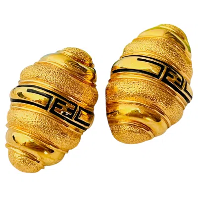 Pre-owned Fendi Vintage Gold Unisex Large Sta Black Ff Shell Domed Chunky Earrings