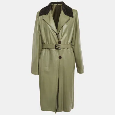 Pre-owned Fendi Vintage Green Leather And Satin Coat M
