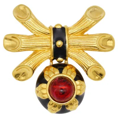 Pre-owned Fendi Vintage Gripoix Red Ruby Flower Circle Crystal Drop Black Bow Brooch