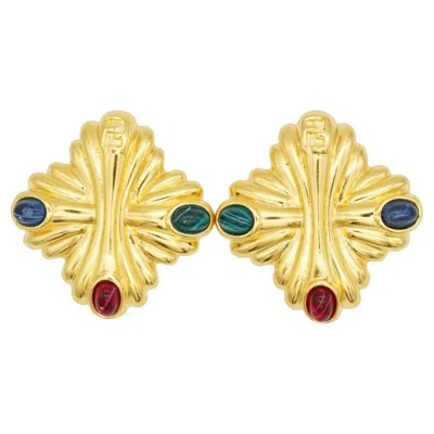 Pre-owned Fendi Vintage Gripoix Ruby Emerald Lapis Crest Maltese Cross Logo F Earrings In Green