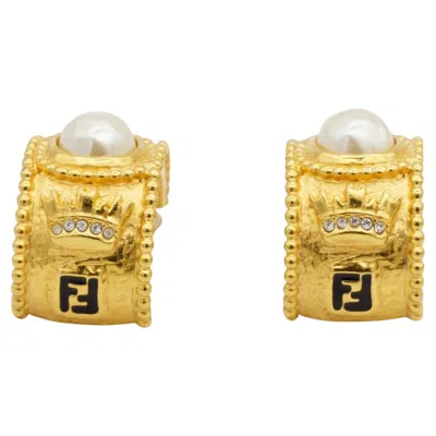 Pre-owned Fendi Vintage Logo Black F Sta Crown Pearl Crystal Dome Hoop Clip Earrings