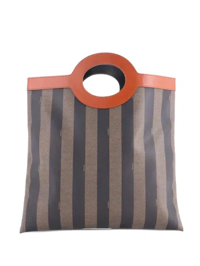 Pre-owned Fendi Vintage Pequin Cut Out Handle Bag Coated Canvas Large Satchel In Gray